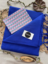 Royal Blue  Handloom Cotton Saree With White Print Blouse